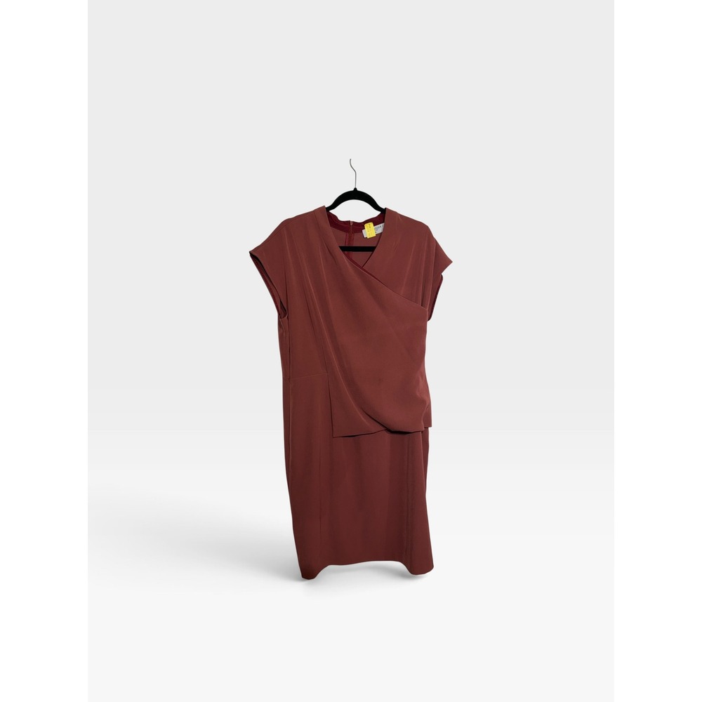 MM.LaFleur Etsuko Dress Rust Red Asymmetrical Draped Sheath Size 16
